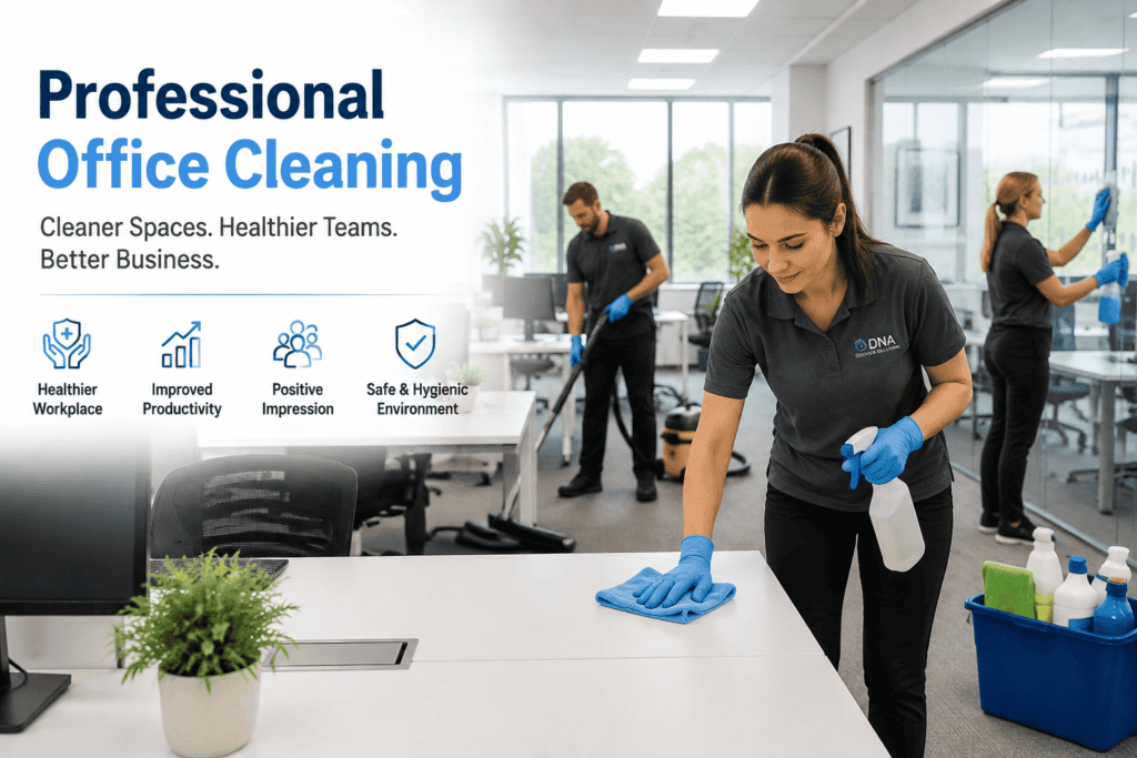 Office cleaning team from DNA Cleaning Solutions in a modern workspace.