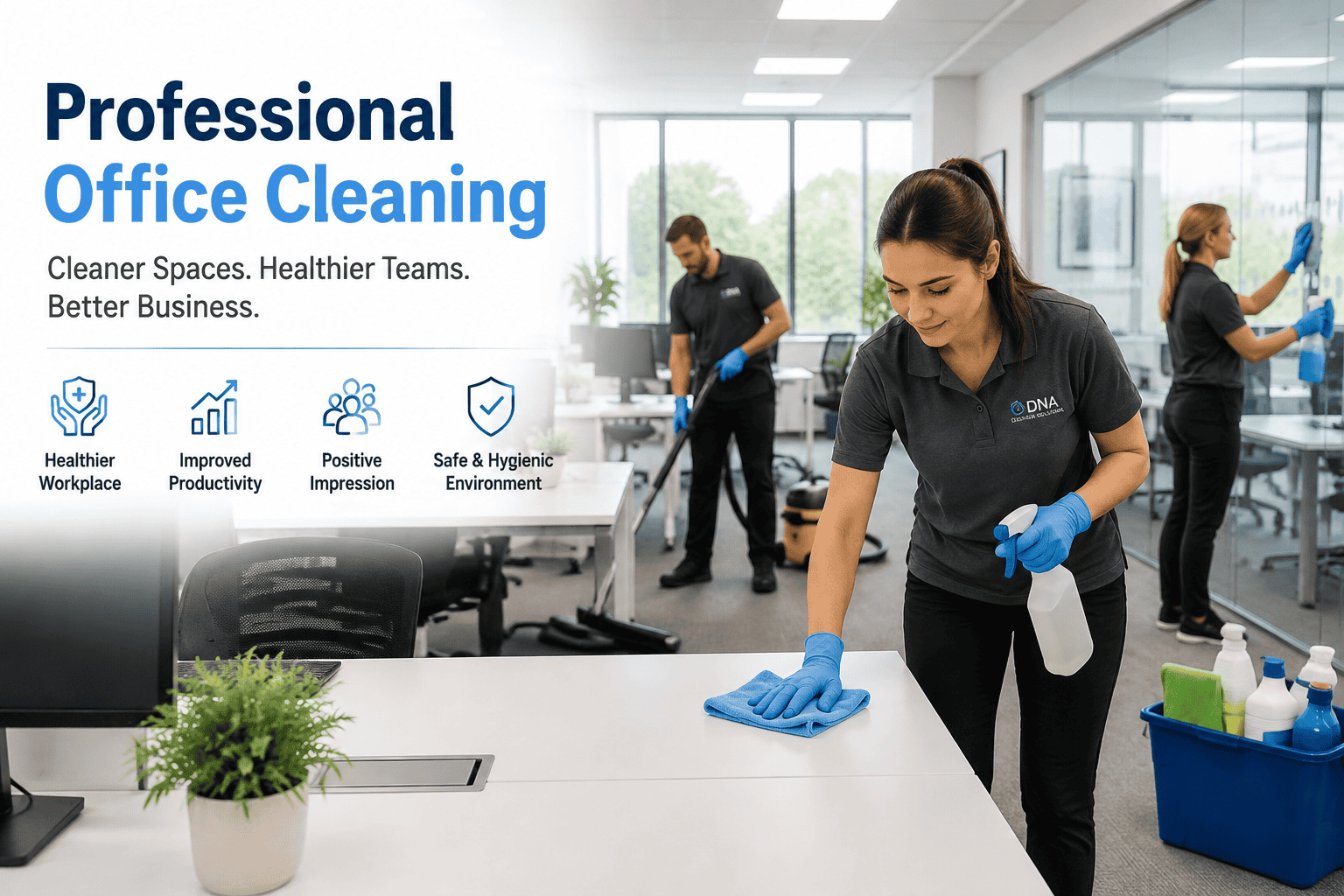 Office cleaning team from DNA Cleaning Solutions in a modern workspace.
