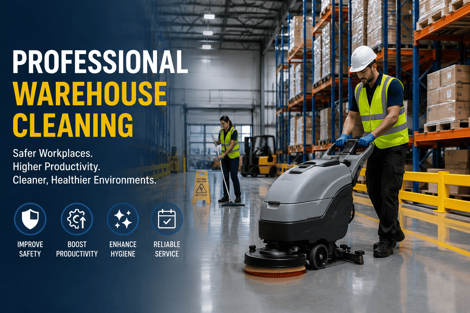 Warehouse cleaning with industrial floor scrubber in a modern warehouse.