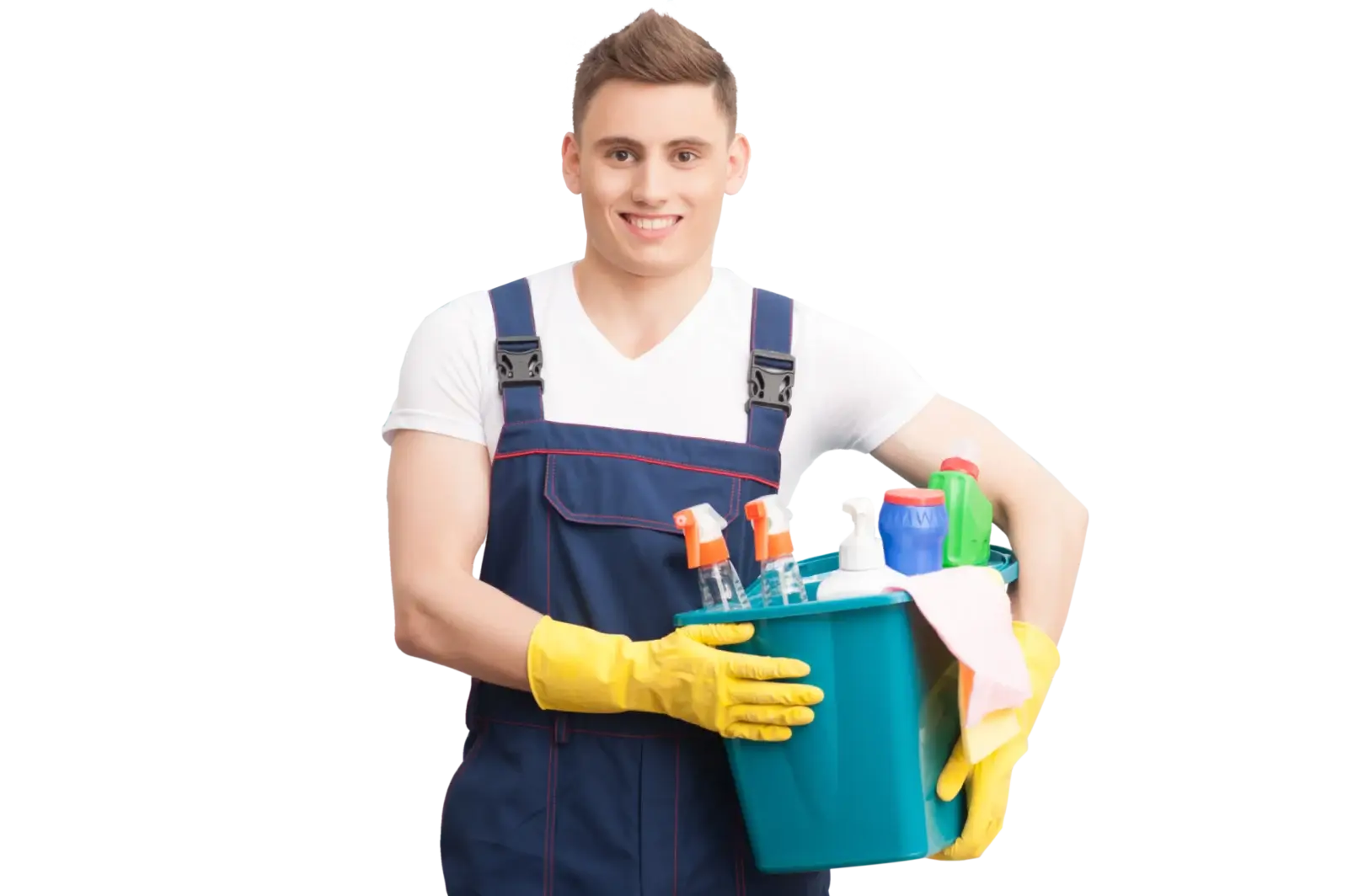 Smiling cleaner carrying a bucket of cleaning products