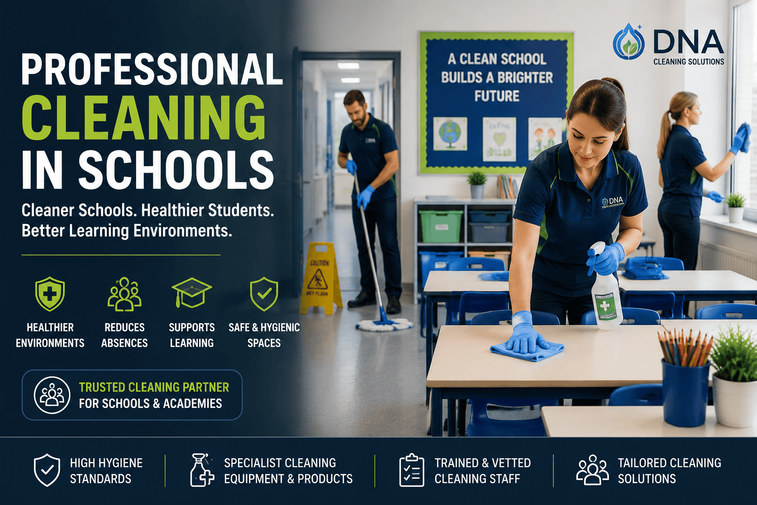 School cleaning with DNA Cleaning Solutions for healthier environments.