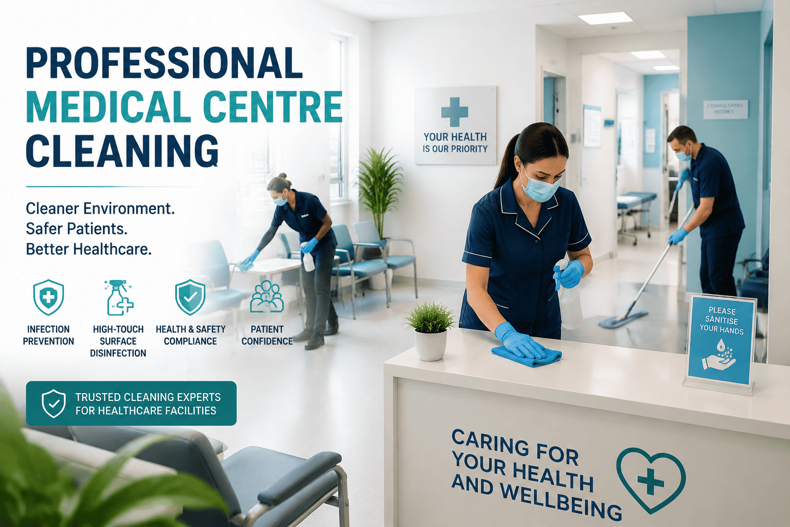Cleaners disinfect hospital corridor for patient safety and hygiene.