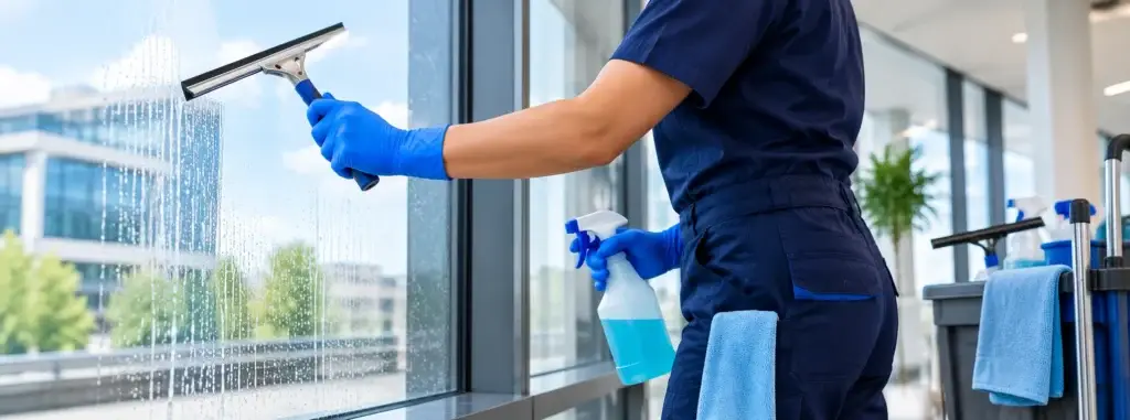 Commercial window cleaning London: cleaner using a squeegee on office windows