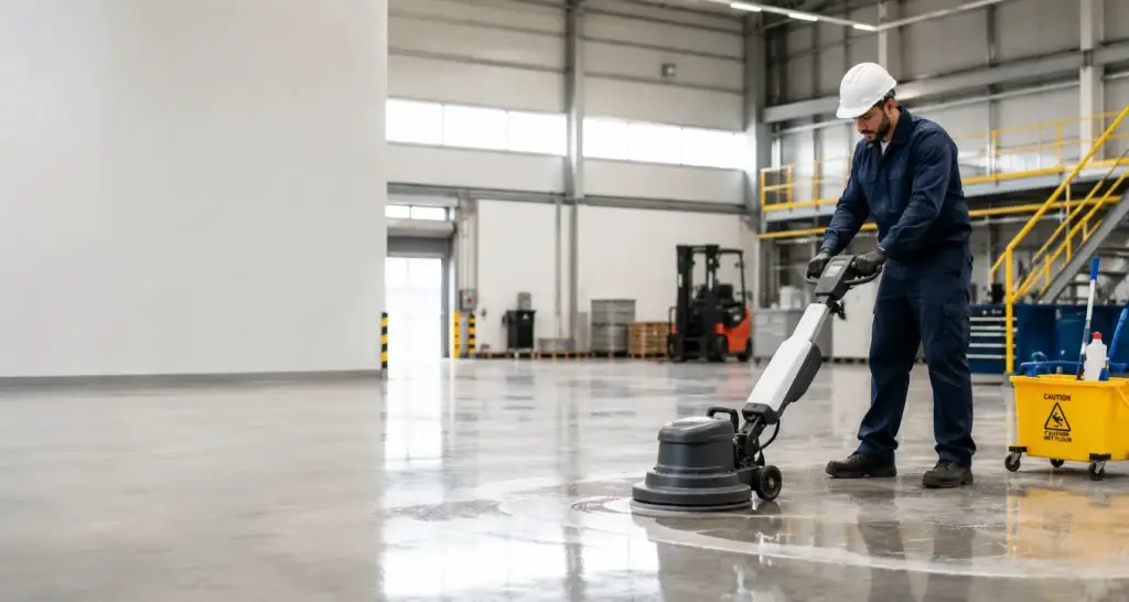 Industrial floor being machine scrubbed in a warehouse near Heathrow