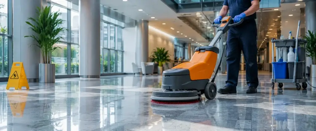 Floor scrubbing machine cleaning a commercial lobby floor in London
