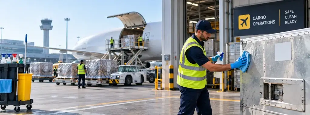Heathrow cleaning services: cleaner sanitising cargo equipment at an airport freight area