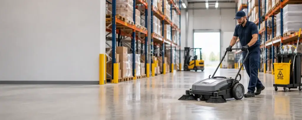 Warehouse cleaning London: floor sweeper cleaning between racking aisles