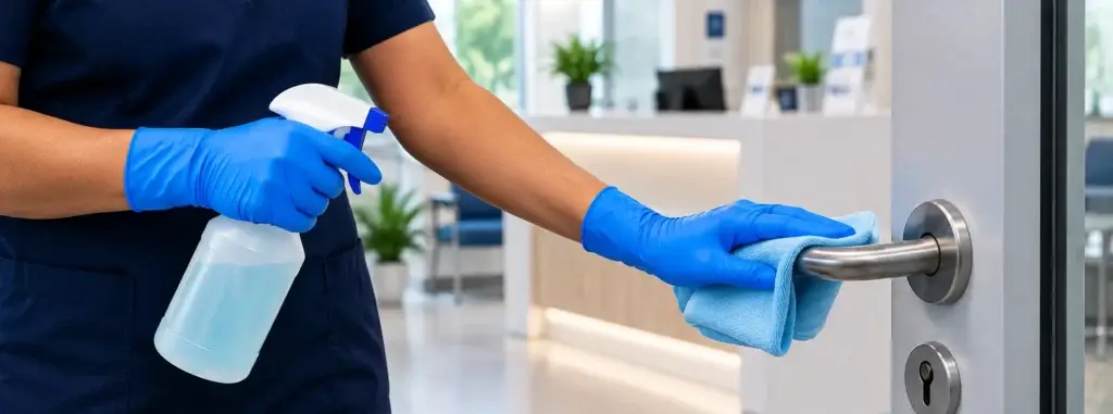 Cleaner sanitising a door handle in a doctor's surgery