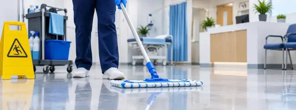 Doctor surgery cleaning London: cleaner mopping a GP reception floor