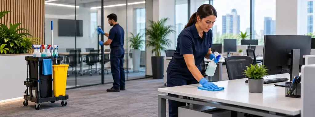 Local cleaning London: team disinfecting desks and surfaces in a modern office