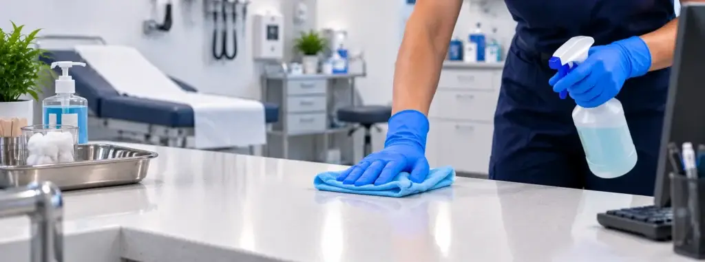 Professional medical centre cleaning of a worktop in a treatment room