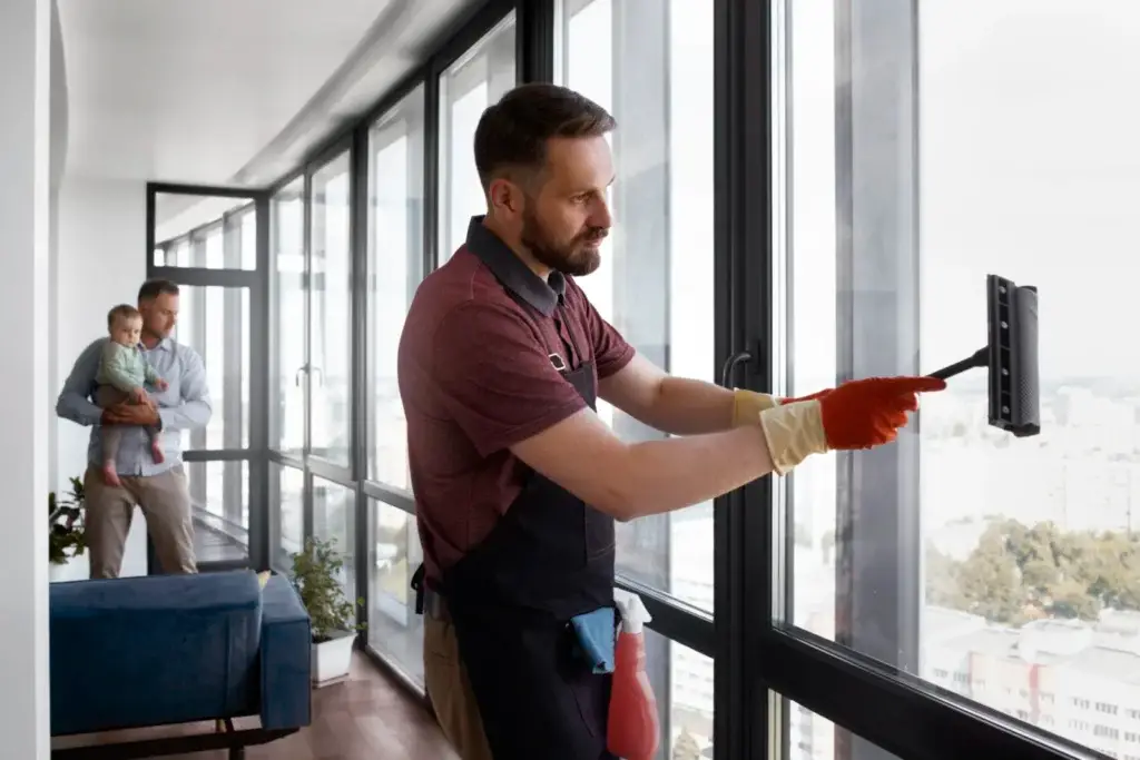 Commercial window cleaner washing office windows in London