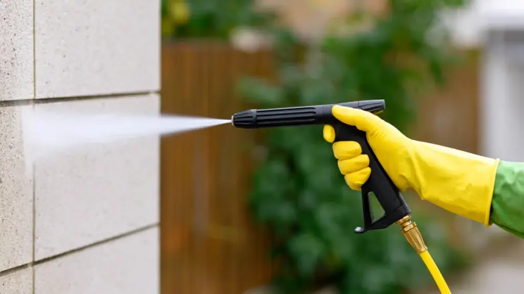Gloved hand holding a power washer spraying a dirty surface